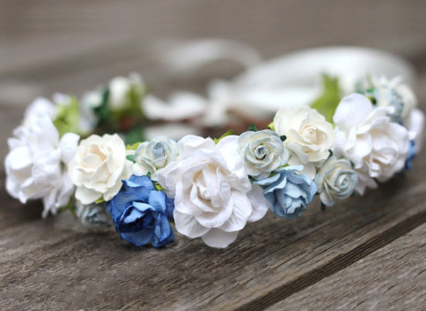 Blue Wedding Hair Crown White Bridal Halo Dusty Blue Head Wreath 
